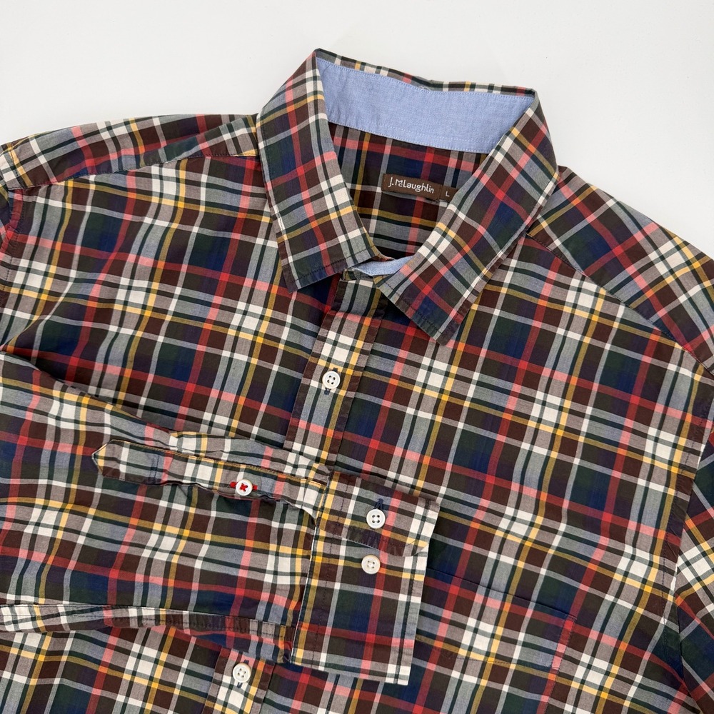 J McLaughlin Men Large Plaid Button Down Shirt Cotton Long Sleeve Madras Gingham